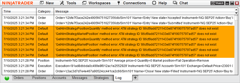 Unavoidable log warnings when calling GetAtmStrategyPositionQuantity() from a NinjaScript® strategy Unavoidable log warnings when calling GetAtmStrategyPositionQuantity() from a NinjaScript® strategy