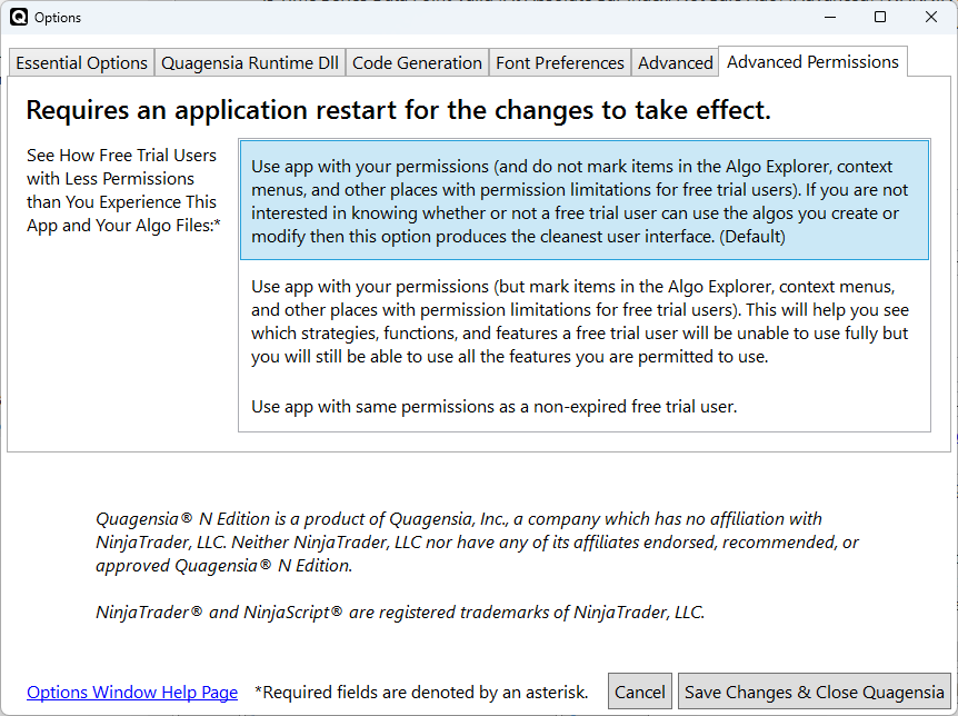 The Advanced Permissions tab of the Quagensia N Edition Options window
