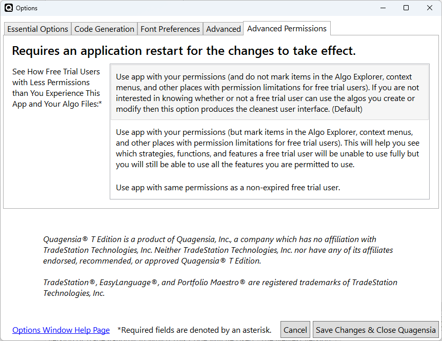 The Advanced Permissions tab of the Quagensia T Edition Options window