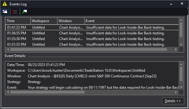 If you have applied a Quagensia T Edition Strategy with a plot to a chart in TradeStation® and then switch to Look-Inside-Bar Back-testing when TradeStation® has insufficient market data for Look-Inside-Bar Back-testing for the instrument over the chart's date range, TradeStation® will display an error message in a separate dialog box that opens up in front of the chart. It will look something like this.